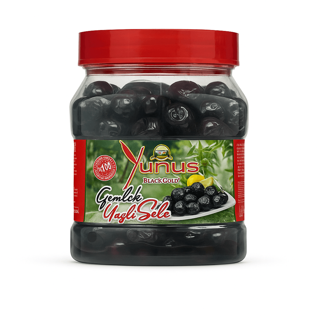 Măsline negre Gemlik naturale Yunus în ulei vegetal 800g bidon plastic